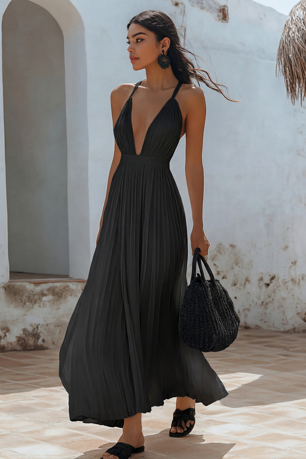 White V-Neck Maxi A Line Chiffon Engagement Dress with Pleats