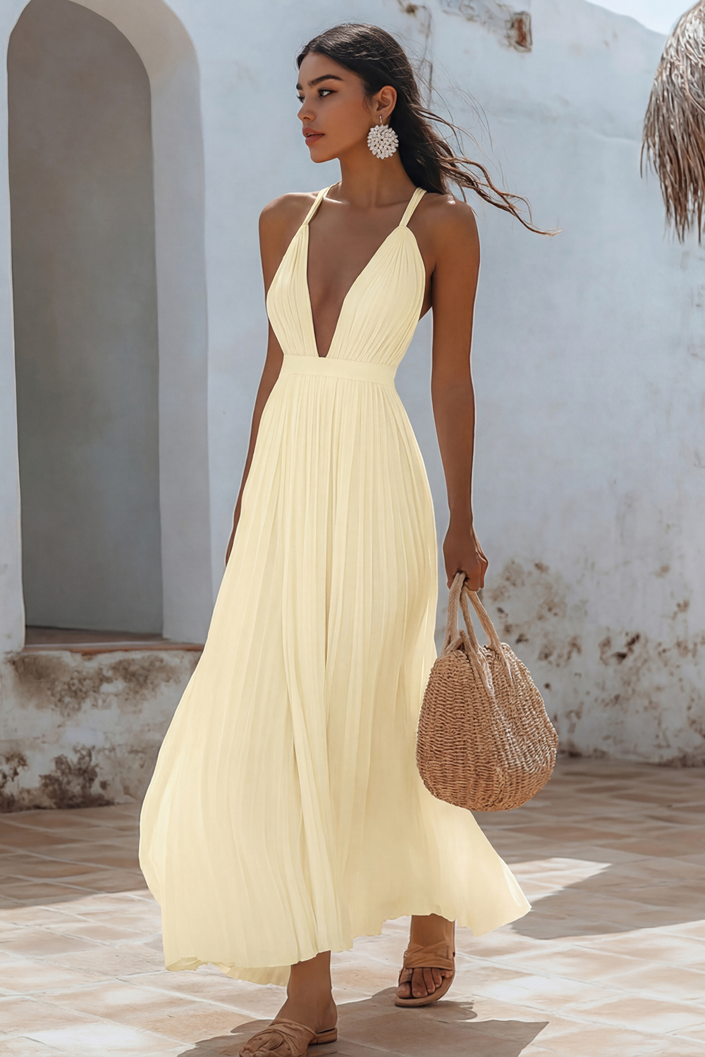 White V-Neck Maxi A Line Chiffon Engagement Dress with Pleats