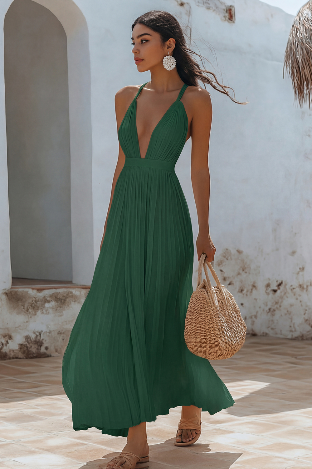 White V-Neck Maxi A Line Chiffon Engagement Dress with Pleats