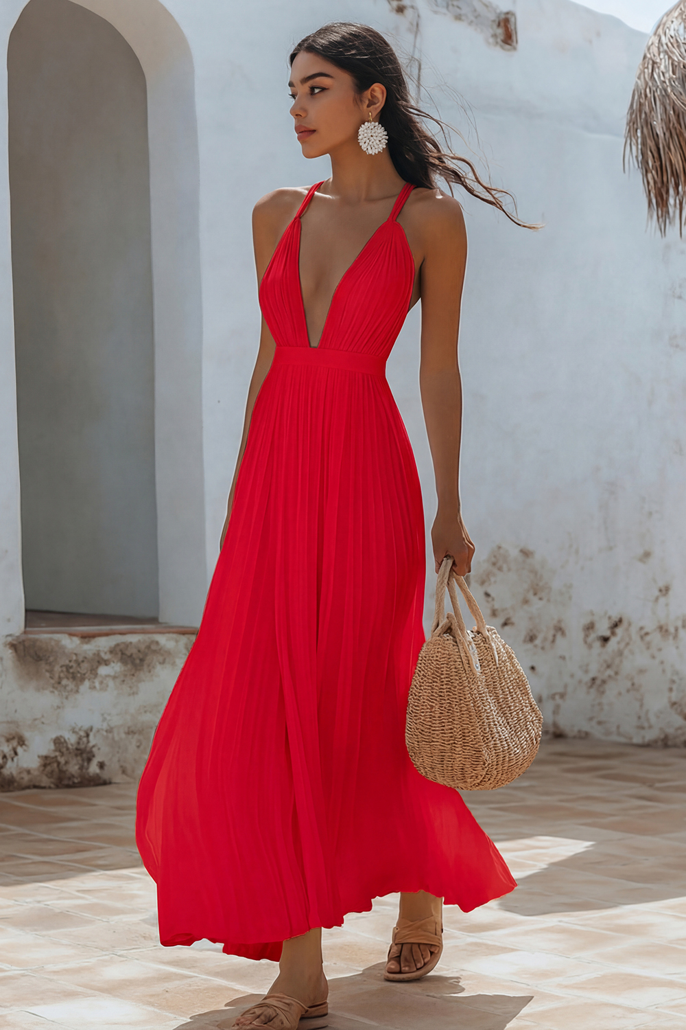 White V-Neck Maxi A Line Chiffon Engagement Dress with Pleats