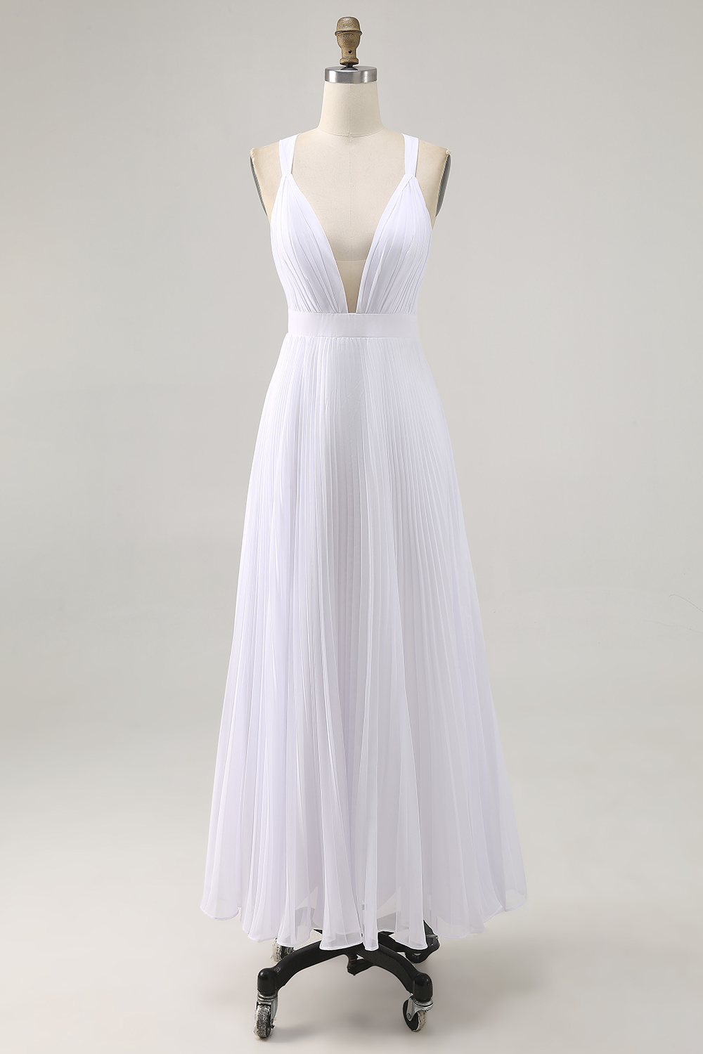 White V-Neck Maxi A Line Chiffon Engagement Dress with Pleats