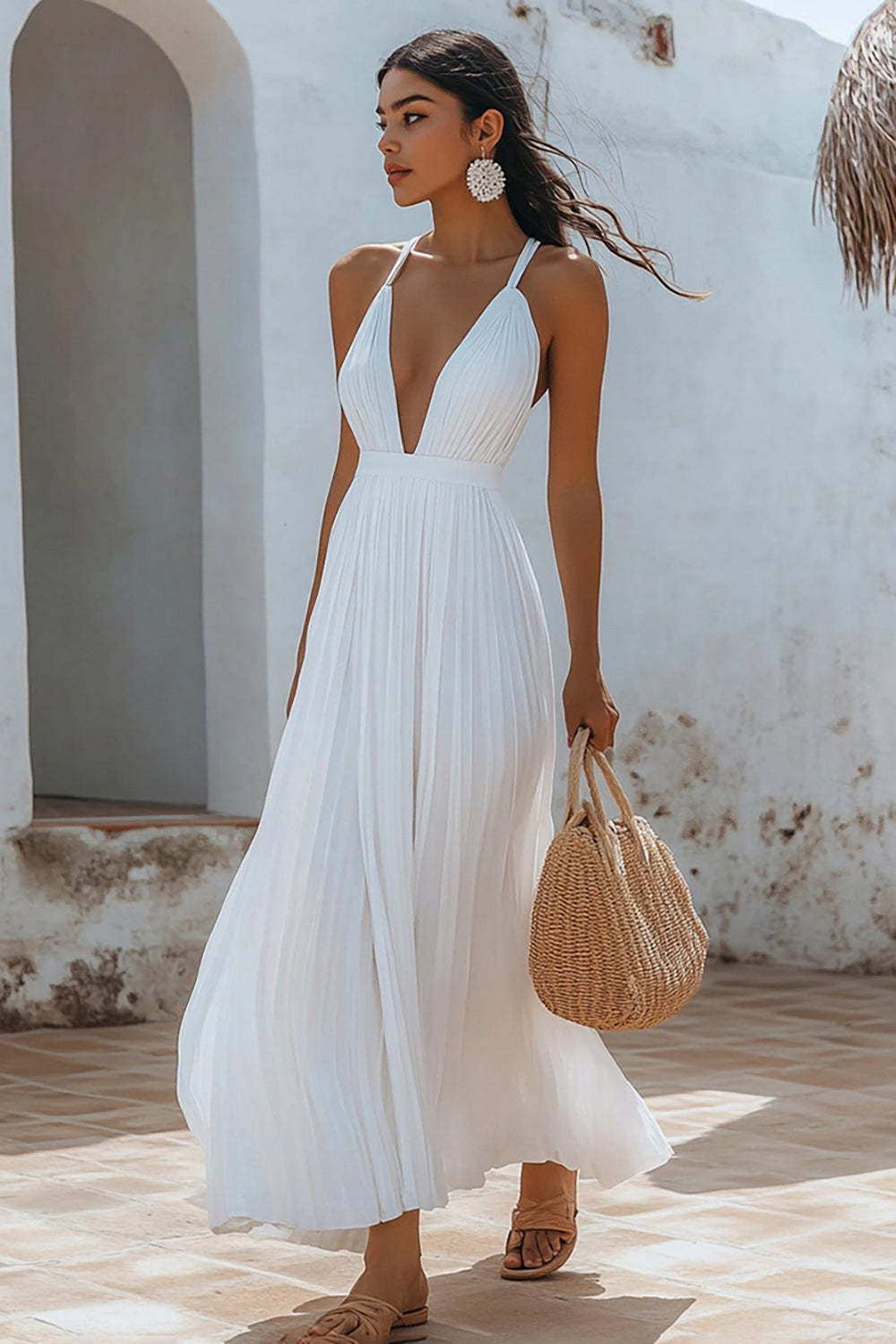 White V-Neck Maxi A Line Chiffon Engagement Dress with Pleats