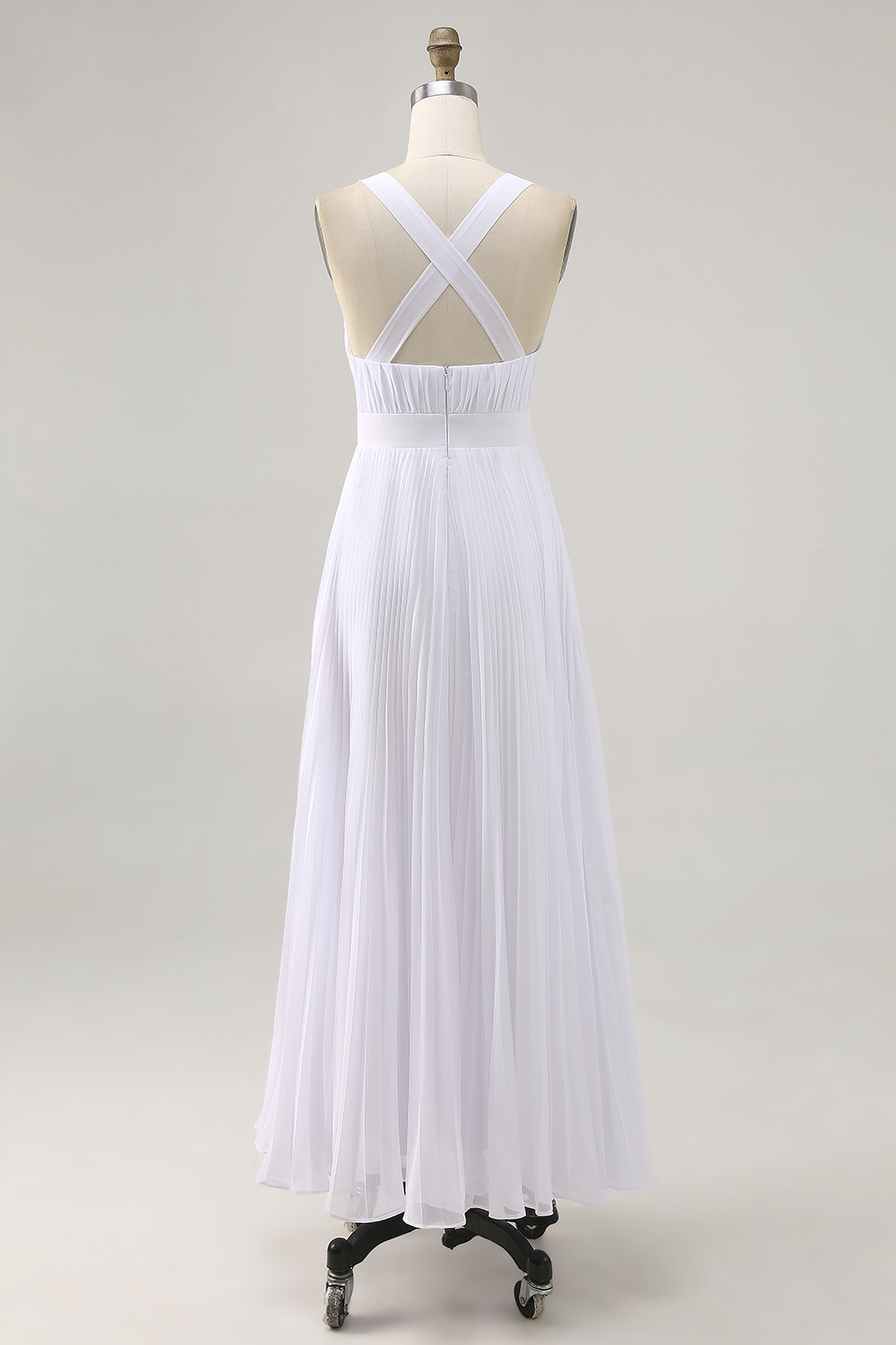 White V-Neck Maxi A Line Chiffon Engagement Dress with Pleats