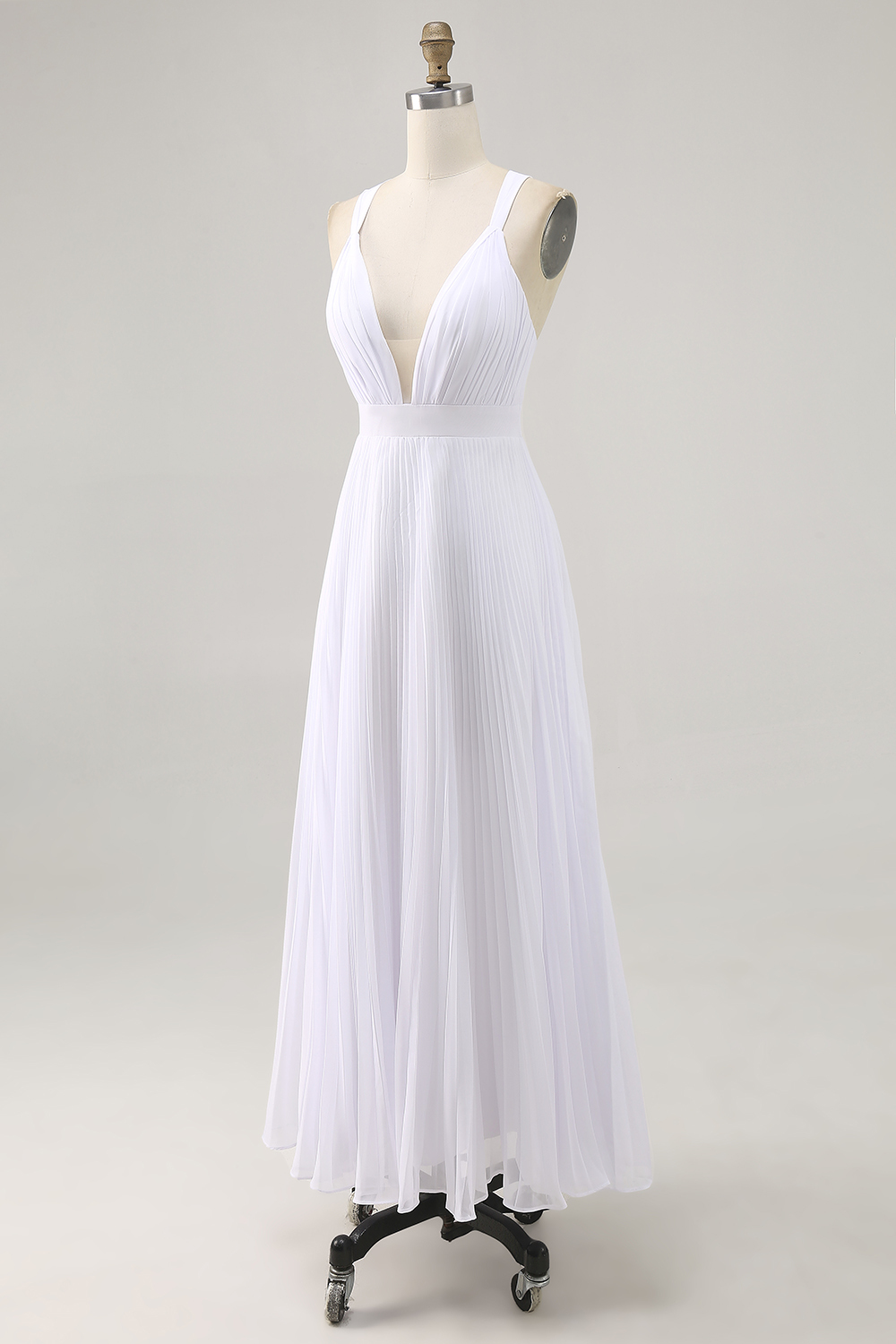 White V-Neck Maxi A Line Pleated Chiffon Engagement Dress