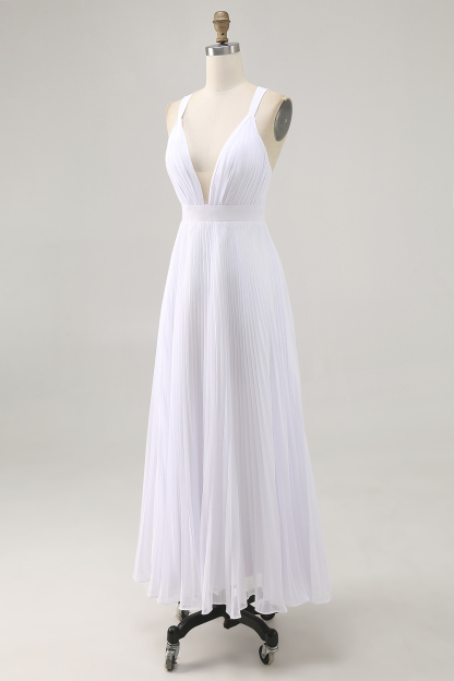 White V-Neck Maxi A Line Pleated Chiffon Engagement Dress