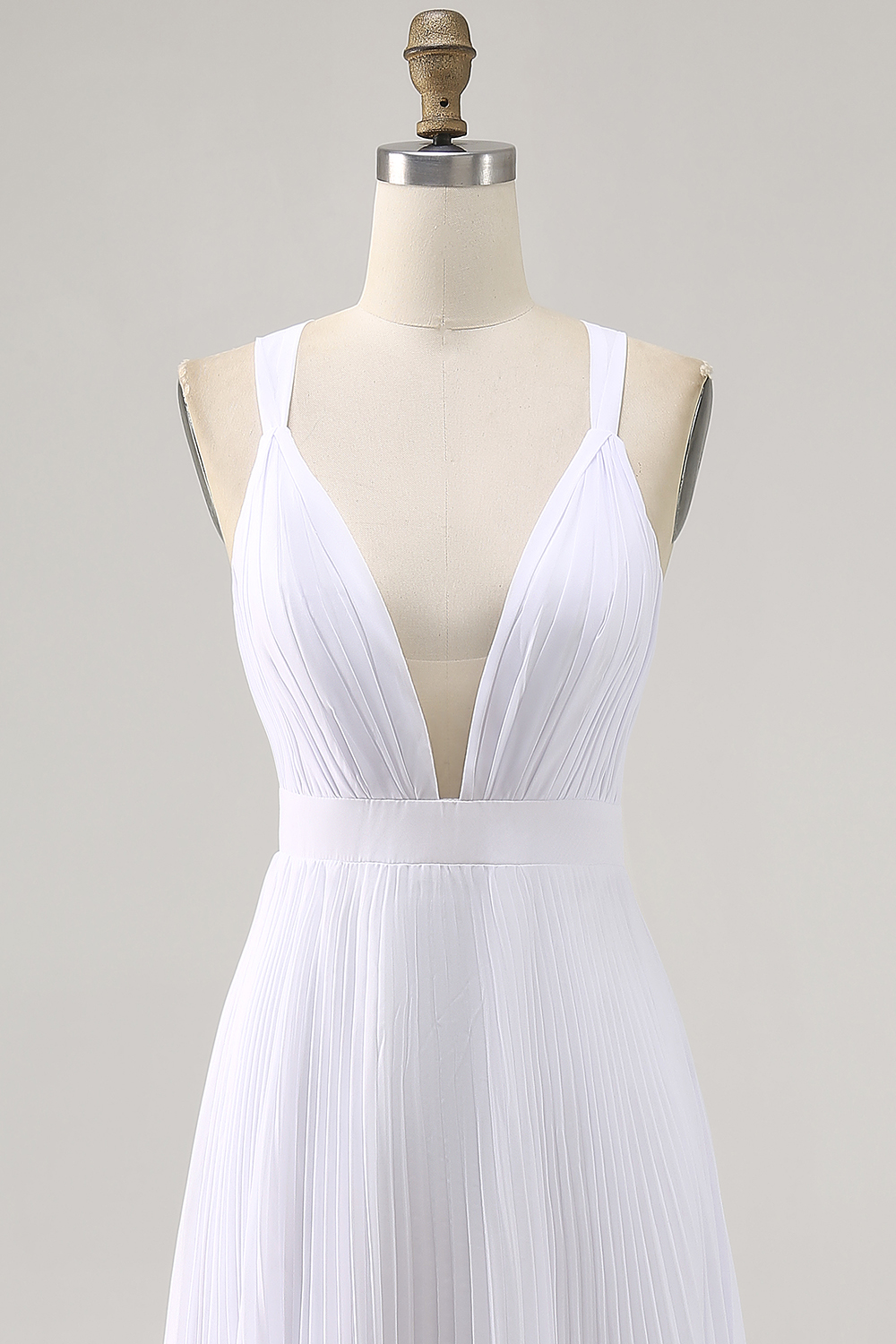 White V-Neck Maxi A Line Chiffon Engagement Dress with Pleats