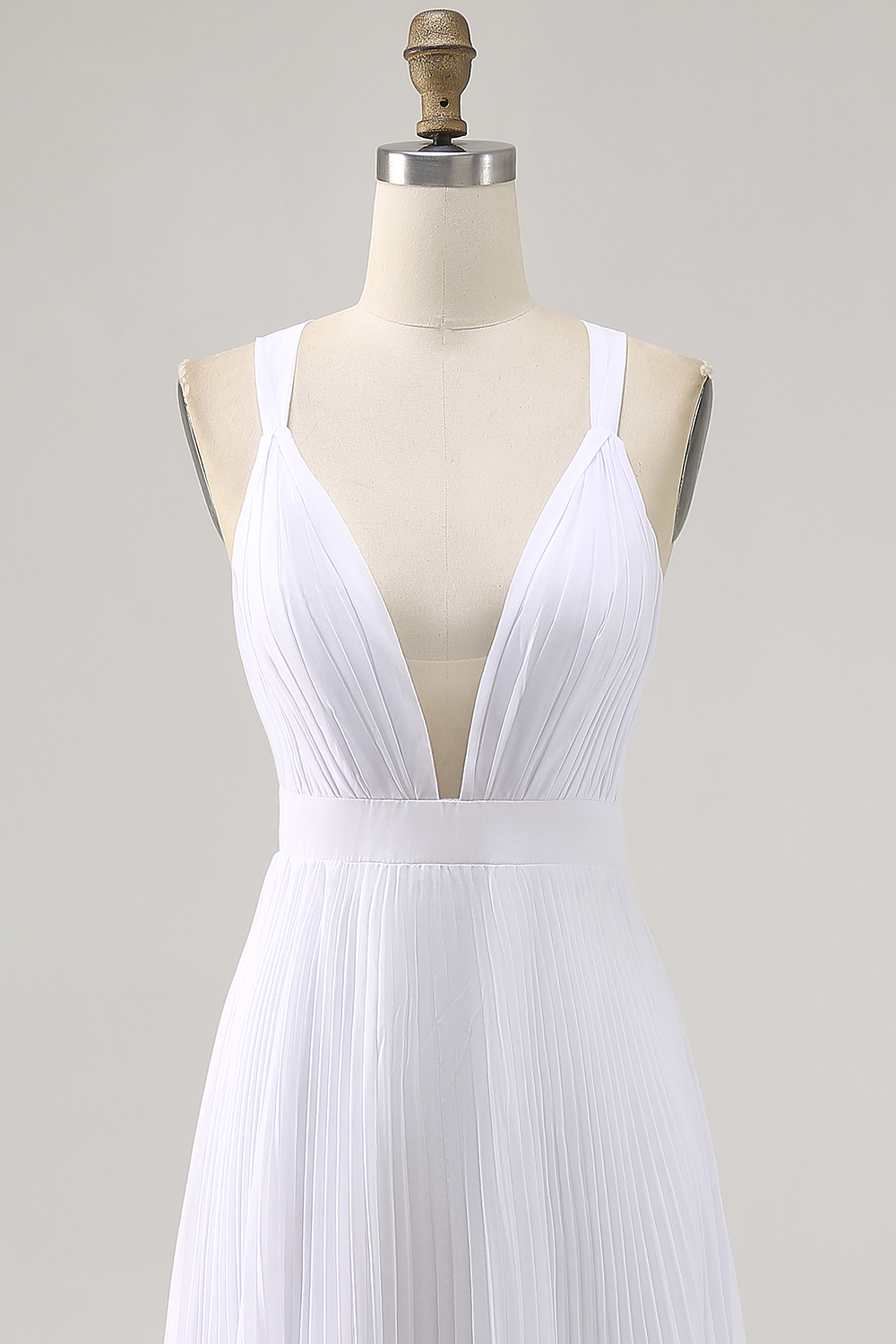 White V-Neck Maxi A Line Chiffon Engagement Dress with Pleats