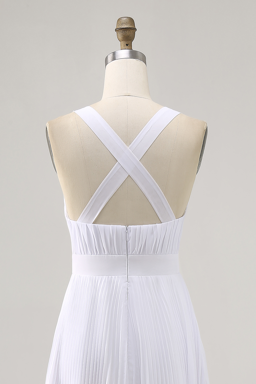 White V-Neck Maxi A Line Chiffon Engagement Dress with Pleats