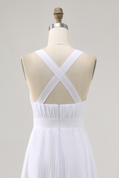 White V-Neck Maxi A Line Chiffon Engagement Dress with Pleats