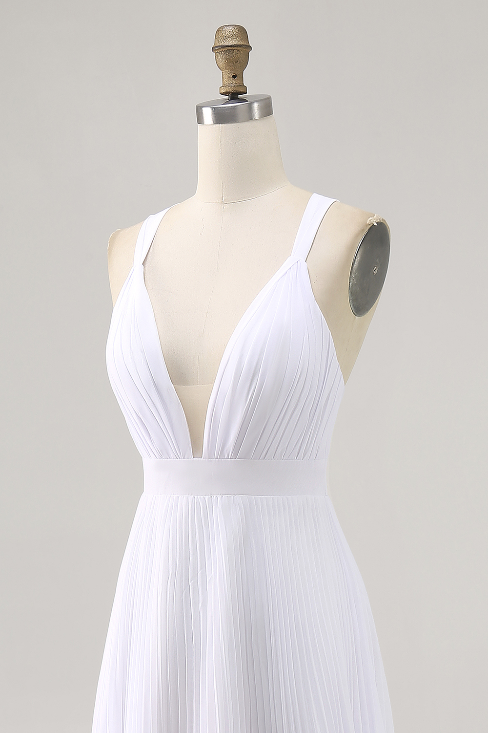White V-Neck Maxi A Line Pleated Chiffon Engagement Dress