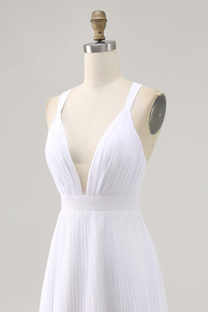 White V-Neck Maxi A Line Pleated Chiffon Engagement Dress
