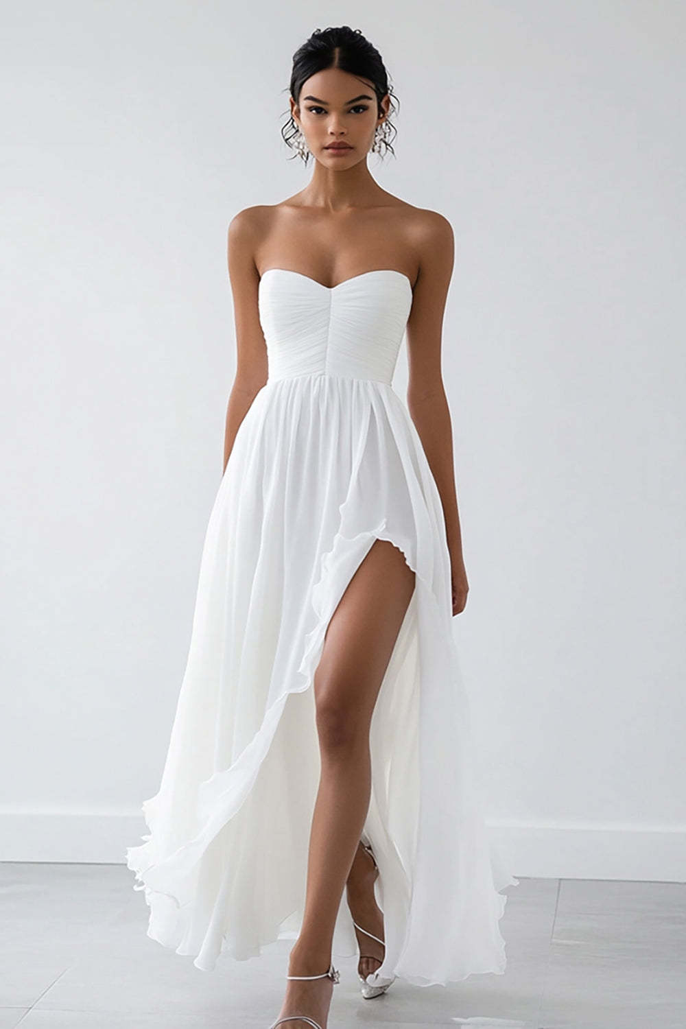 Leely Women White Chiffon Asymmetrical Engagement Dress Sweetheart A Line Rehearsal Dinner Dress