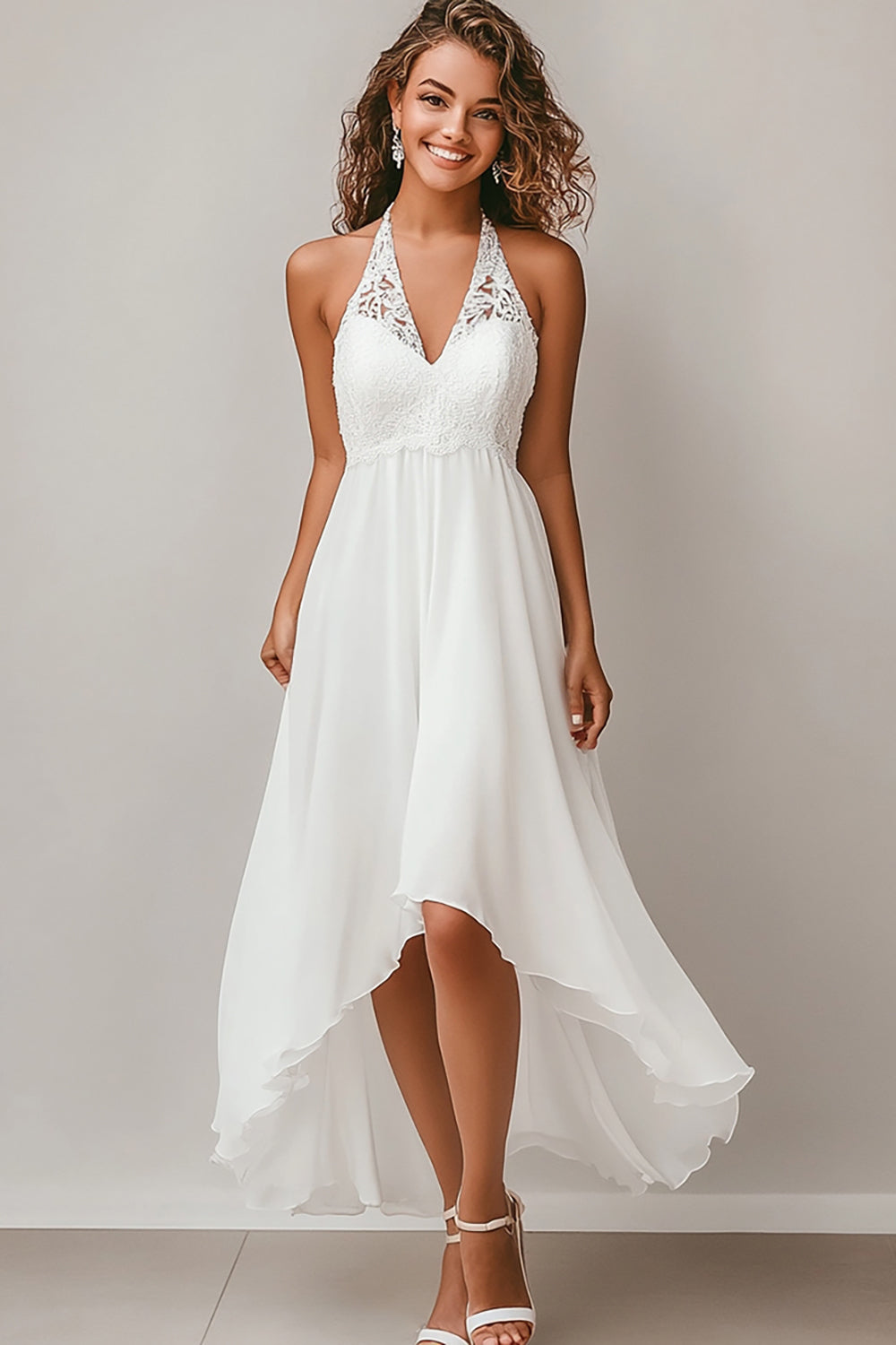 White Halter Chiffon High-Low Engagement Dress with Lace