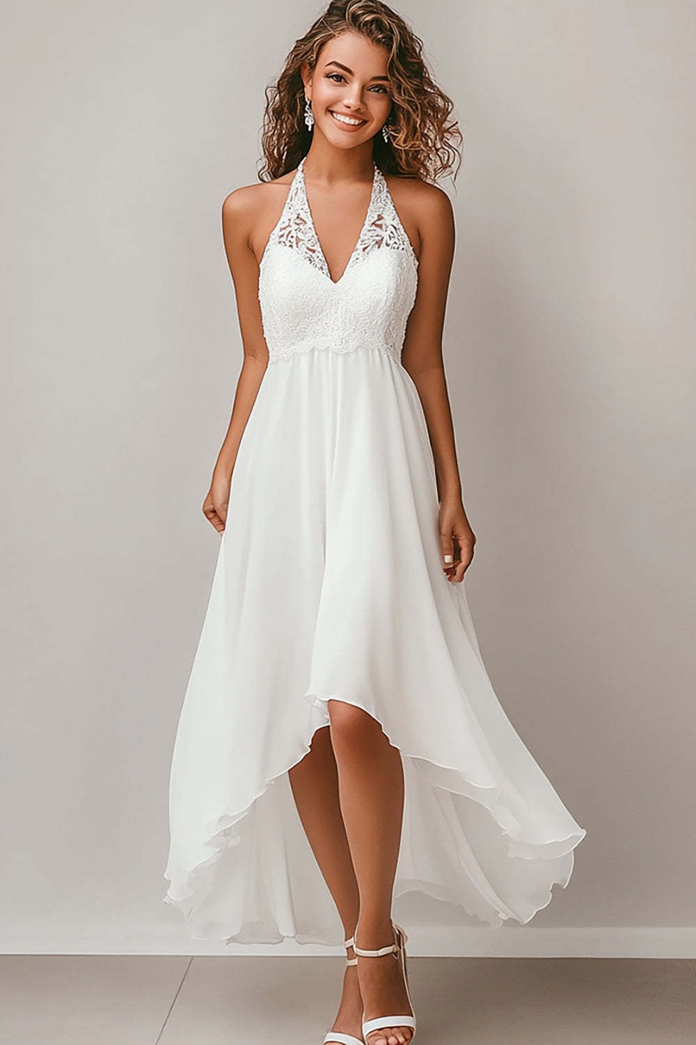 Leely Women White Chiffon High-Low Engagement Dress with Lace A Line Halter Rehearsal Dinner Dress