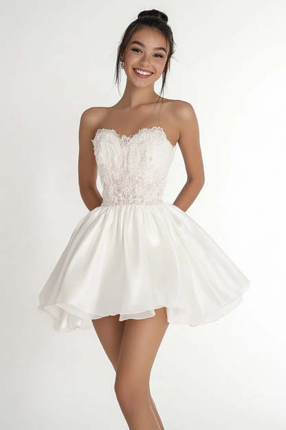 Leely Women White Mini Graduation Dress with Lace A Line Strapless Little White Dress