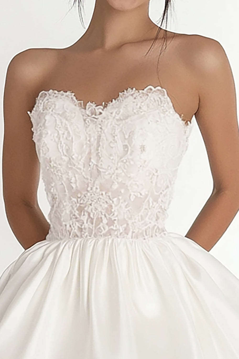 White Strapless A Line Mini Graduation Dress with Lace