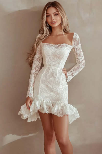 Leely Women Ivory Lace Mini Graduation Dress with Ruffles Bodycon Square Neck Little White Dress with Long Sleeves