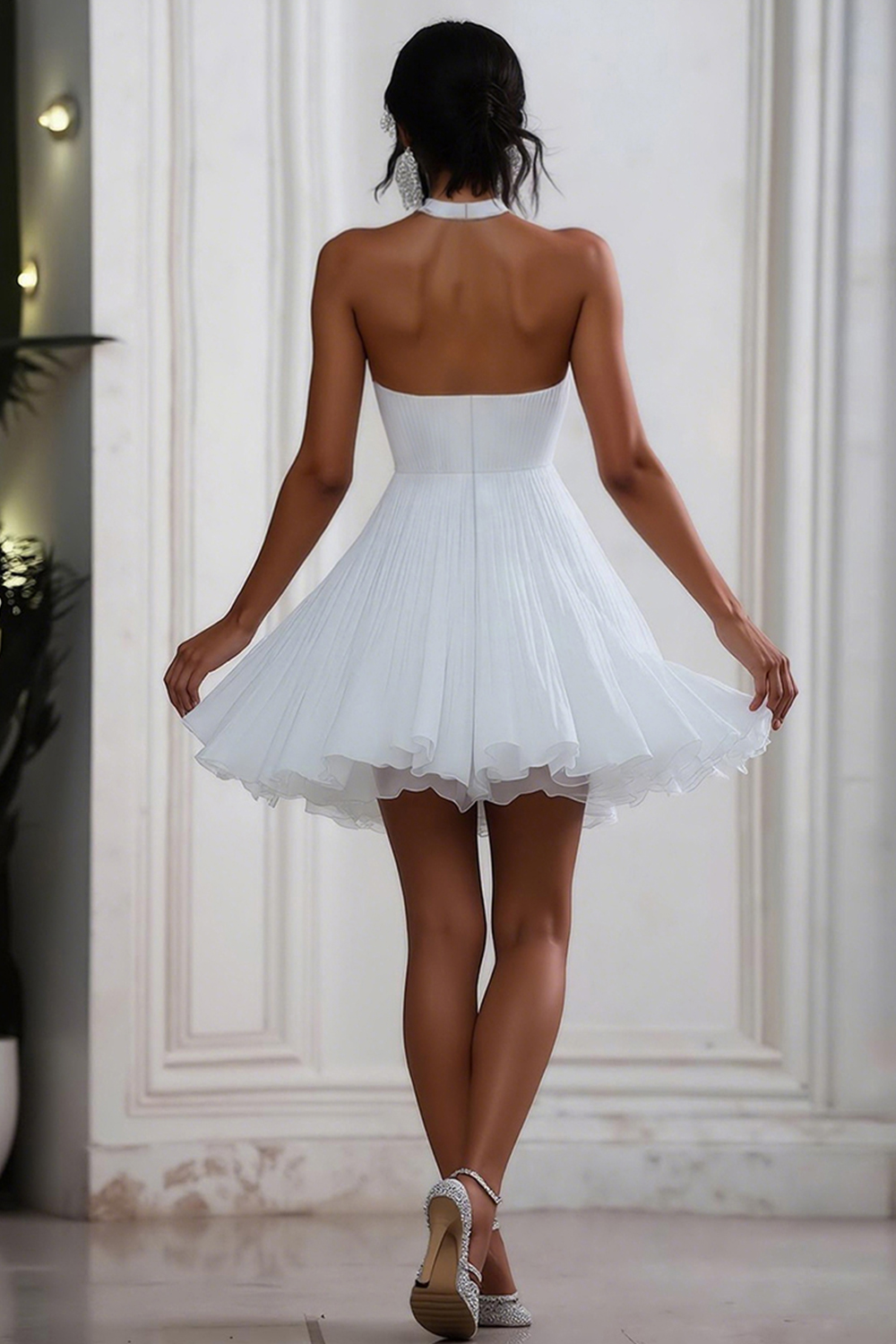 White V Neck A Line Mini Graduation Dress with Pleats