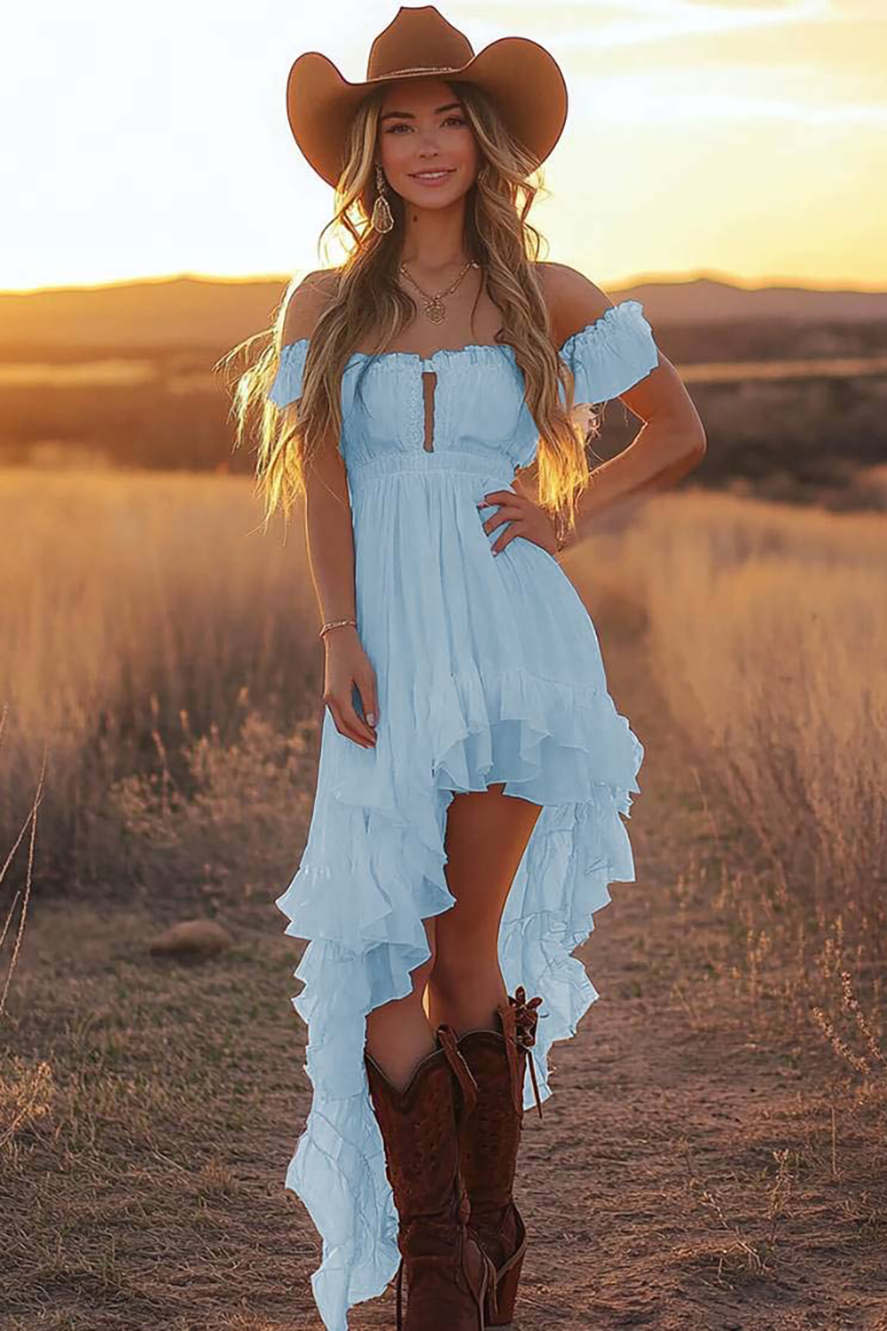 White A Line Off the Shoulder Asymmetrical Boho Dress with Ruffles