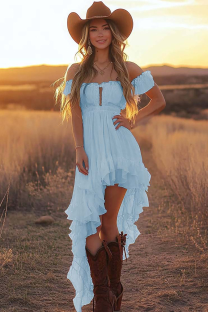 White A Line Off the Shoulder Asymmetrical Boho Dress with Ruffles