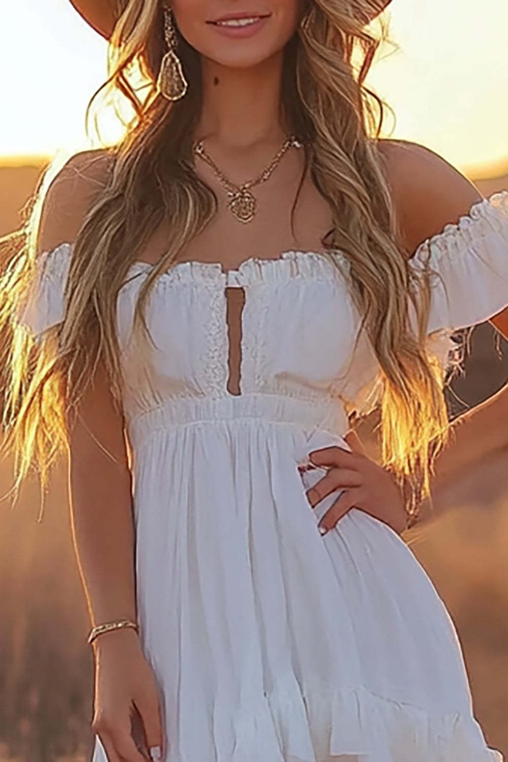 White A Line Off the Shoulder Asymmetrical Boho Dress with Ruffles