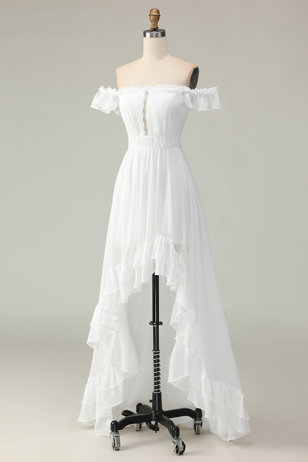 White Flowy Off the Shoulder Keyhole Asymmetrical Boho Dress with Ruffles