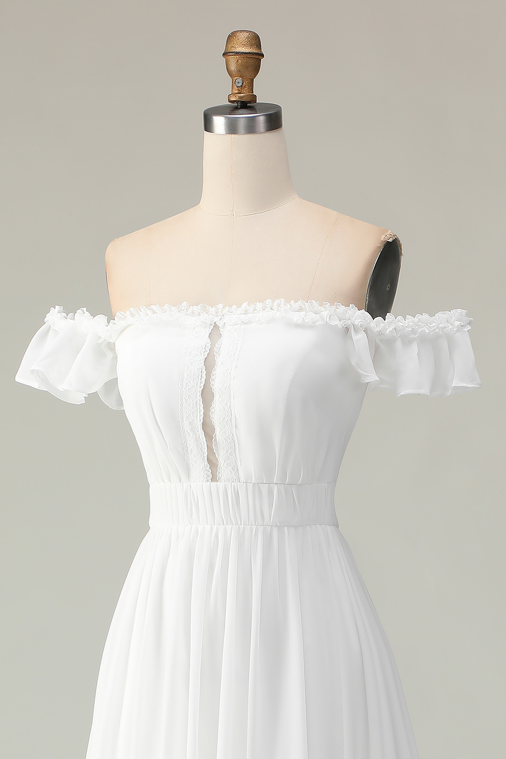 White Flowy Off the Shoulder Keyhole Asymmetrical Boho Dress with Ruffles