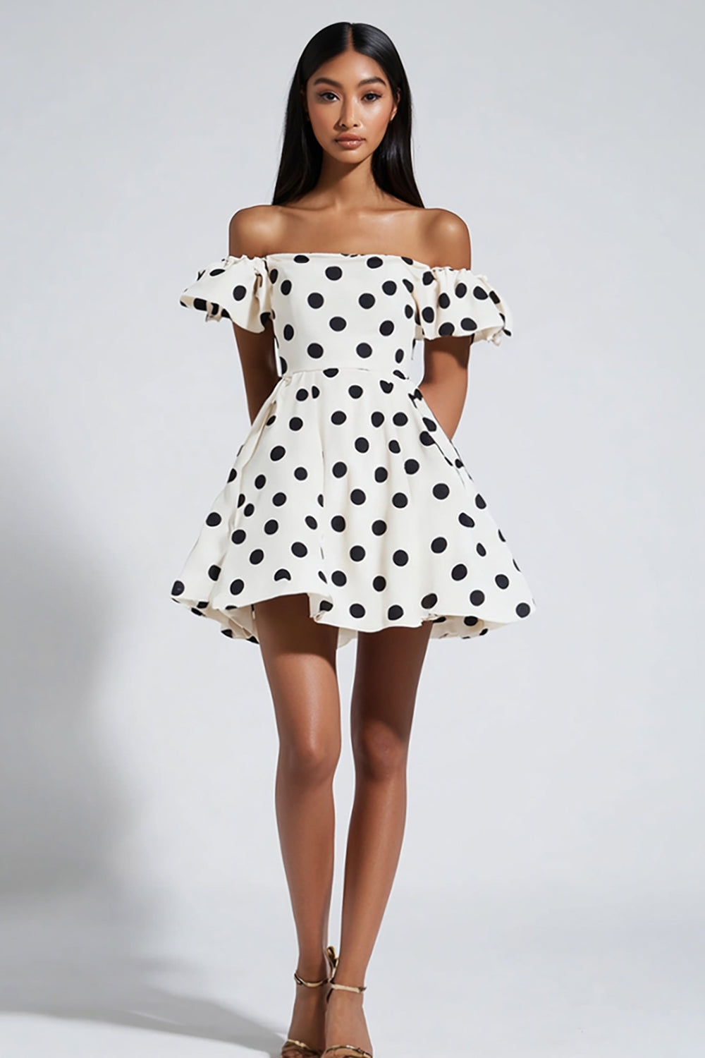 A Line White Polka Dots Off the Shoulder Short Graduation Dress