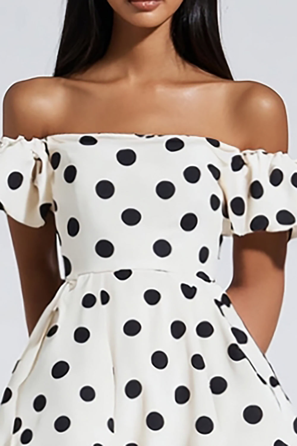 A Line White Polka Dots Off the Shoulder Short Graduation Dress