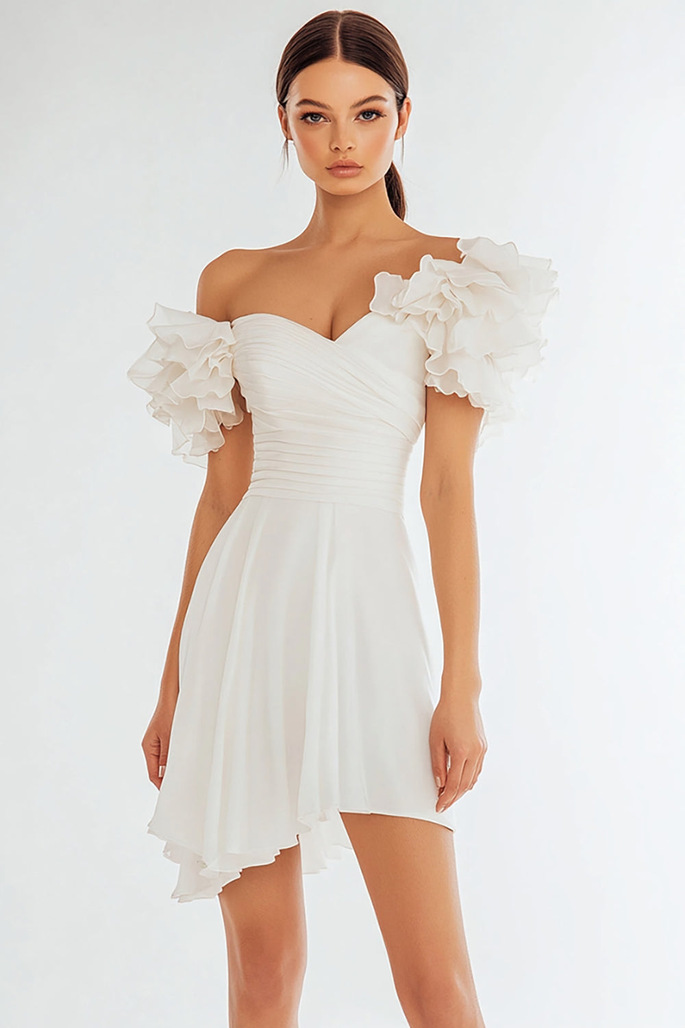 A Line Off the Shoulder Ivory Ruched Short Graduation Dress with Ruffles