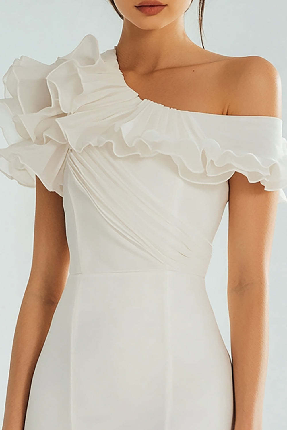 One Shoulder Ivory Bodycon Ruffled Satin Short Graduation Dress