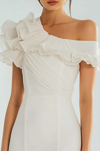 One Shoulder Ivory Bodycon Ruffled Satin Short Graduation Dress