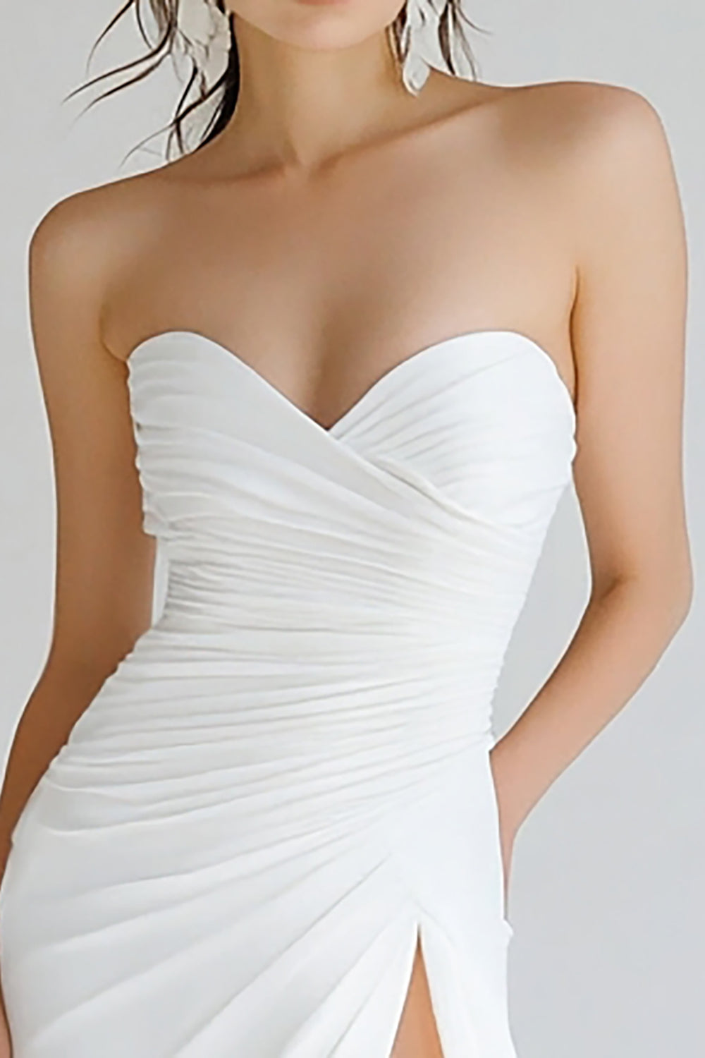 White Sheath Strapless Ruched Asymmetrical Rehearsal Dinner Dress with Slit