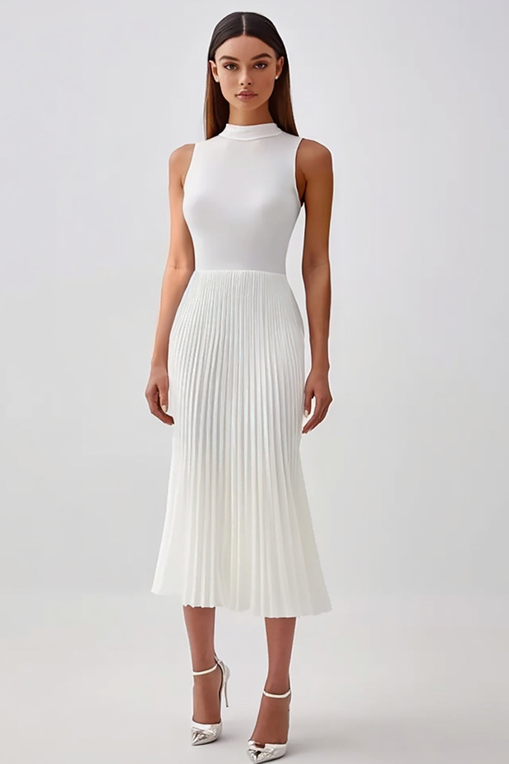 White Sheath High Neck Sleeveless Pleated Long Rehearsal Dinner Dress