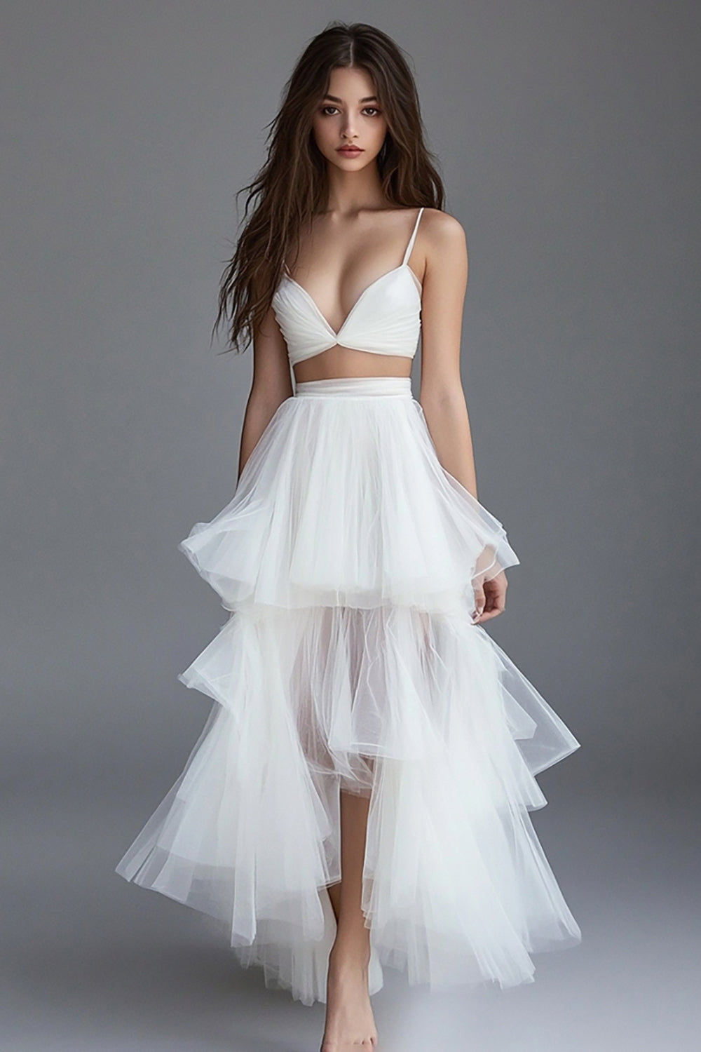 White 2 Pieces A Line Tulle Tiered Maxi Rehearsal Dinner Dress