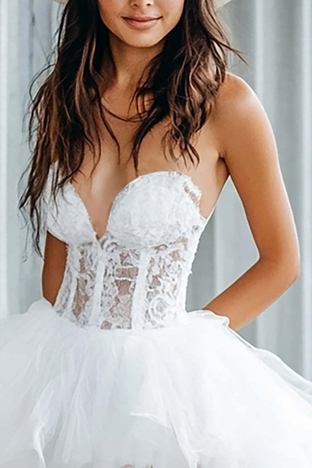 White A Line Tulle Corset High Low Boho Dress with Lace Appliques