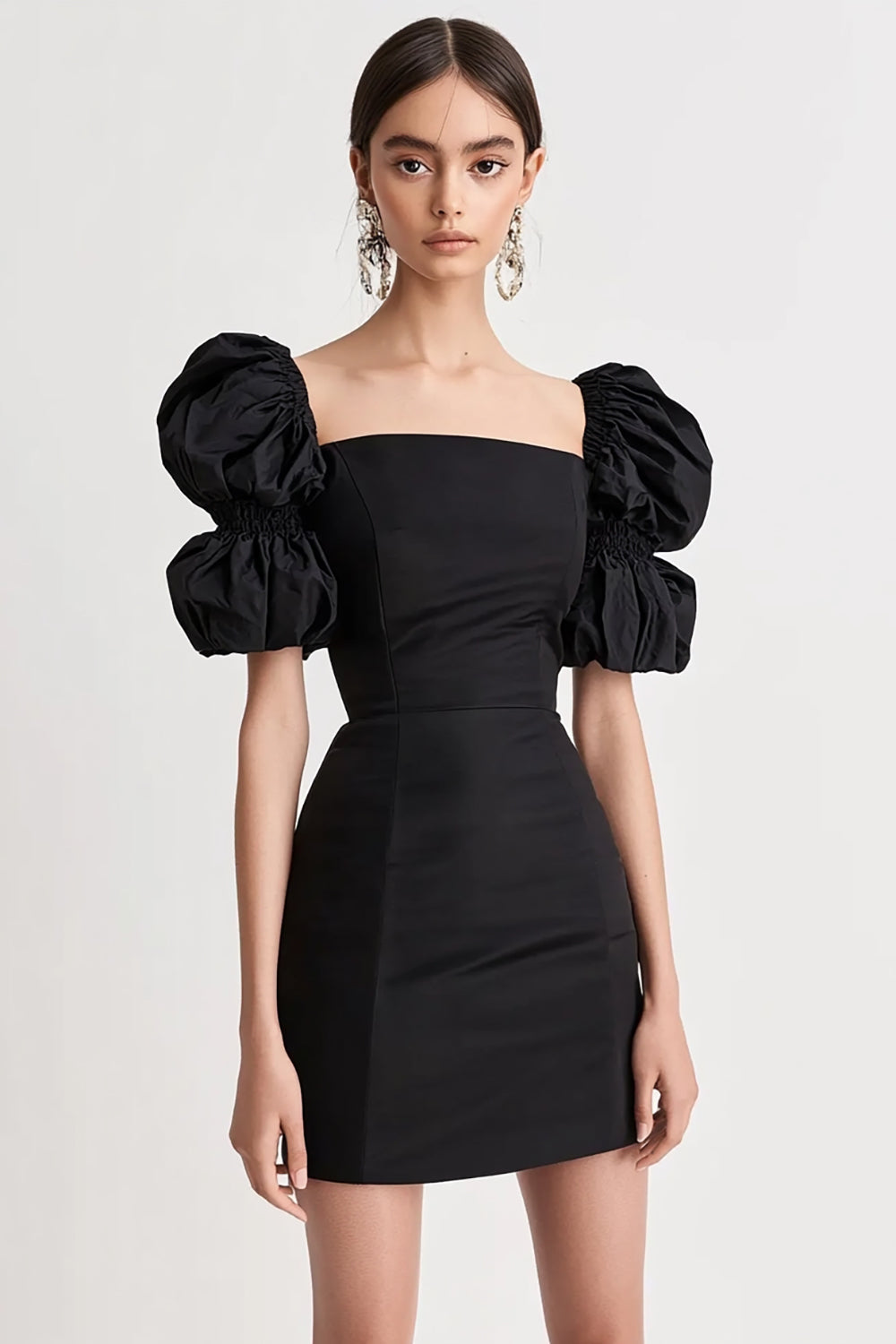 Black Satin Bodycon Puff Sleeves Mini Grduation Dress
