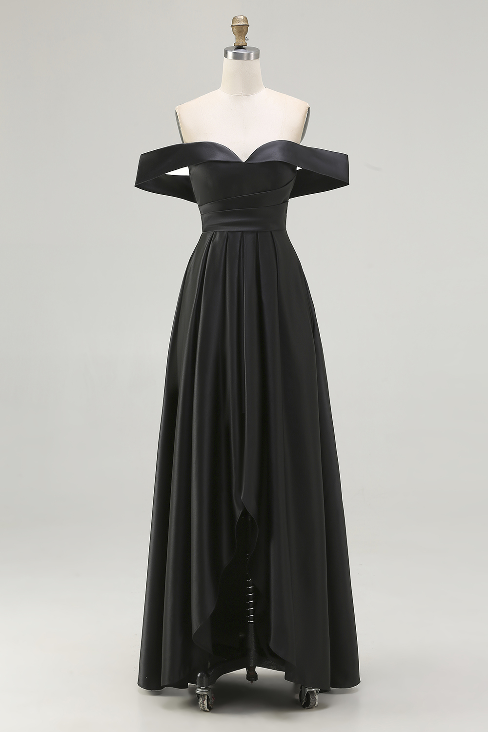 Black A Line Off the Shoulder Satin Maxi Formal Dress with Slit