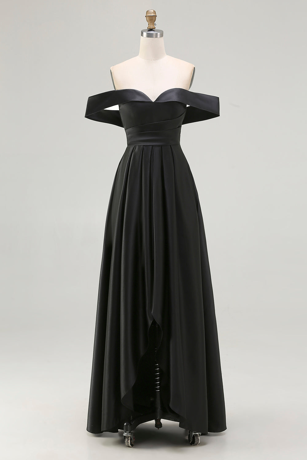 Black Satin Plus Size A Line Off the Shoulder Long Formal Dress with Slit