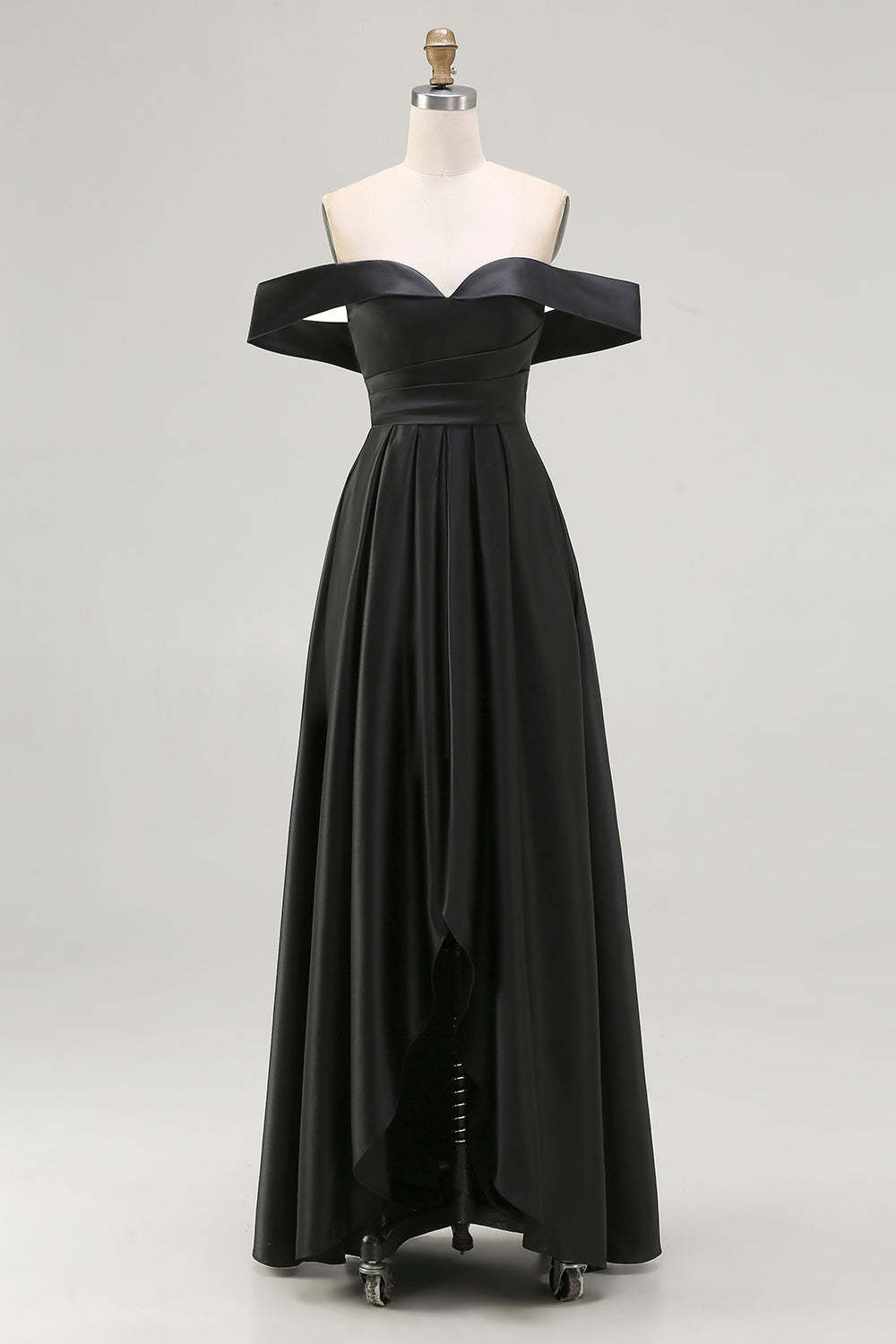 Black Satin Plus Size A Line Off the Shoulder Long Formal Dress with Slit