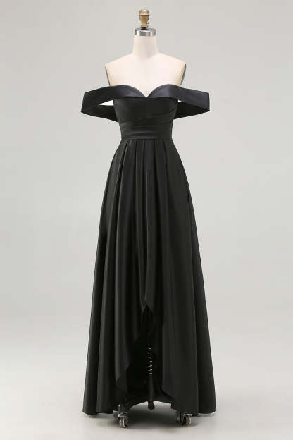 Black Satin Plus Size A Line Off the Shoulder Long Formal Dress with Slit