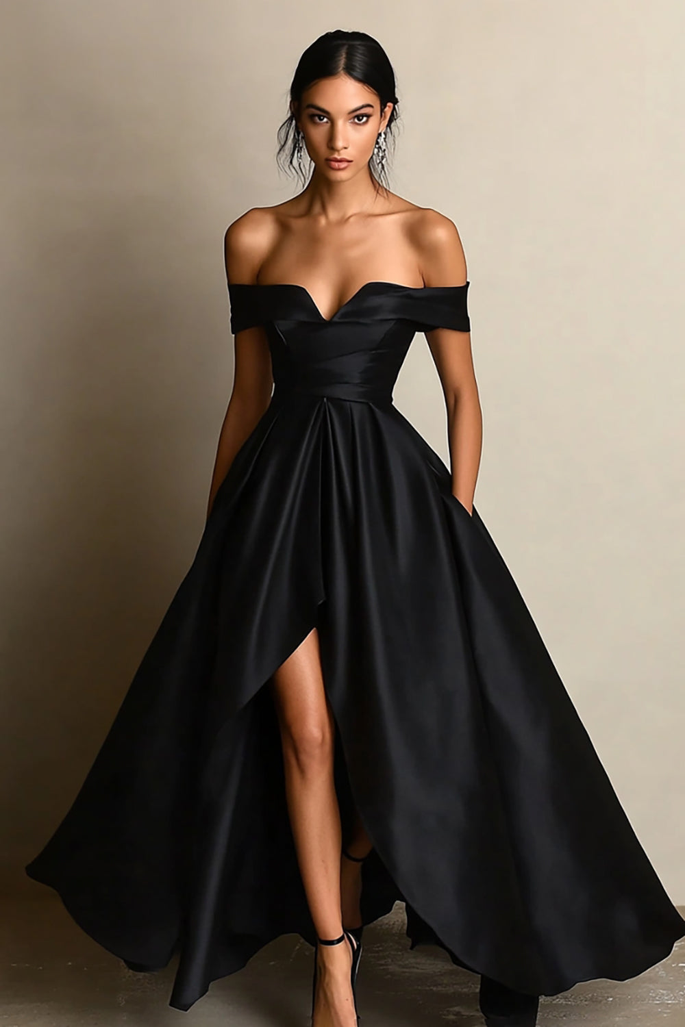 Black A Line Off the Shoulder Satin Maxi Formal Dress with Slit