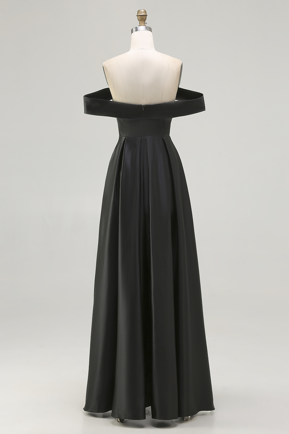 Black A Line Off the Shoulder Satin Maxi Formal Dress with Slit
