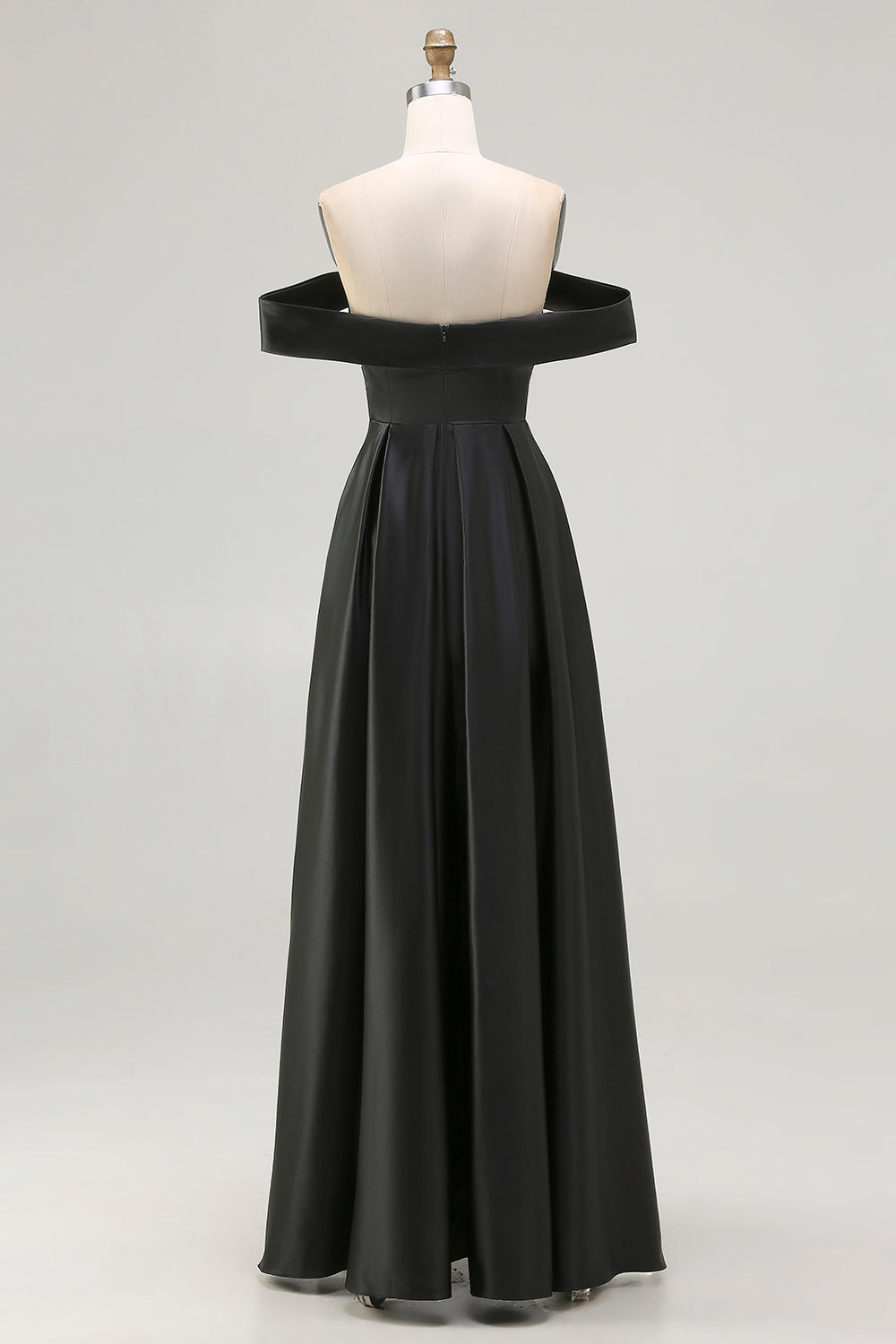 Black Satin Plus Size A Line Off the Shoulder Long Formal Dress with Slit