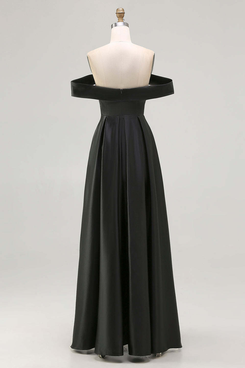 Black Satin Plus Size A Line Off the Shoulder Long Formal Dress with Slit