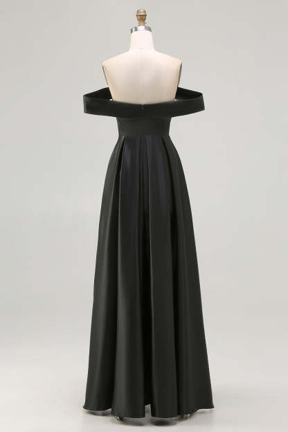 Black Satin Plus Size A Line Off the Shoulder Long Formal Dress with Slit