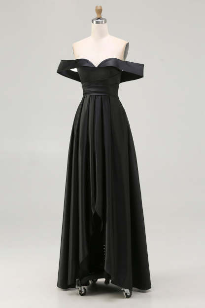 Black Satin Plus Size A Line Off the Shoulder Long Formal Dress with Slit