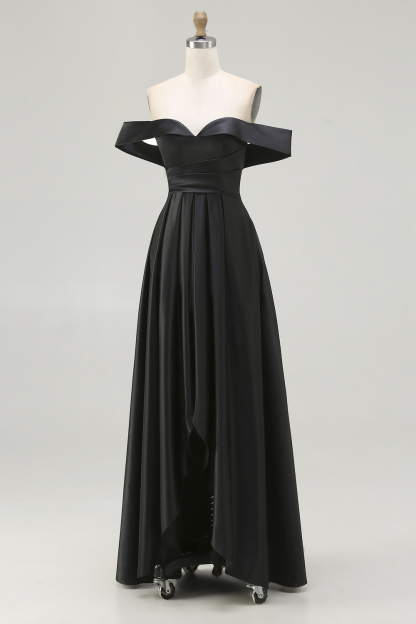 Black Satin A Line Off the Shoulder Long Formal Dress with Slit