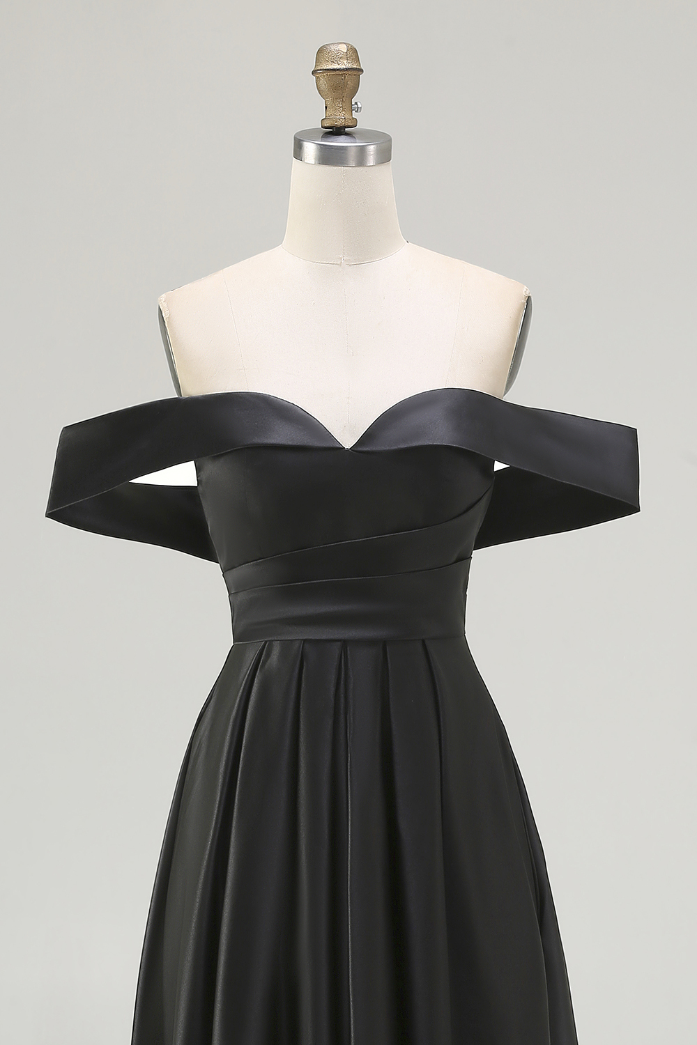 Black Satin A Line Off the Shoulder Long Formal Dress with Slit