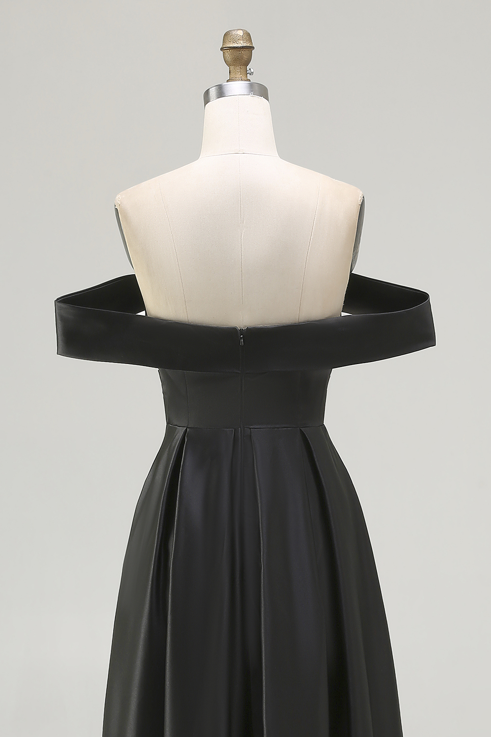 Black Satin A Line Off the Shoulder Long Formal Dress with Slit